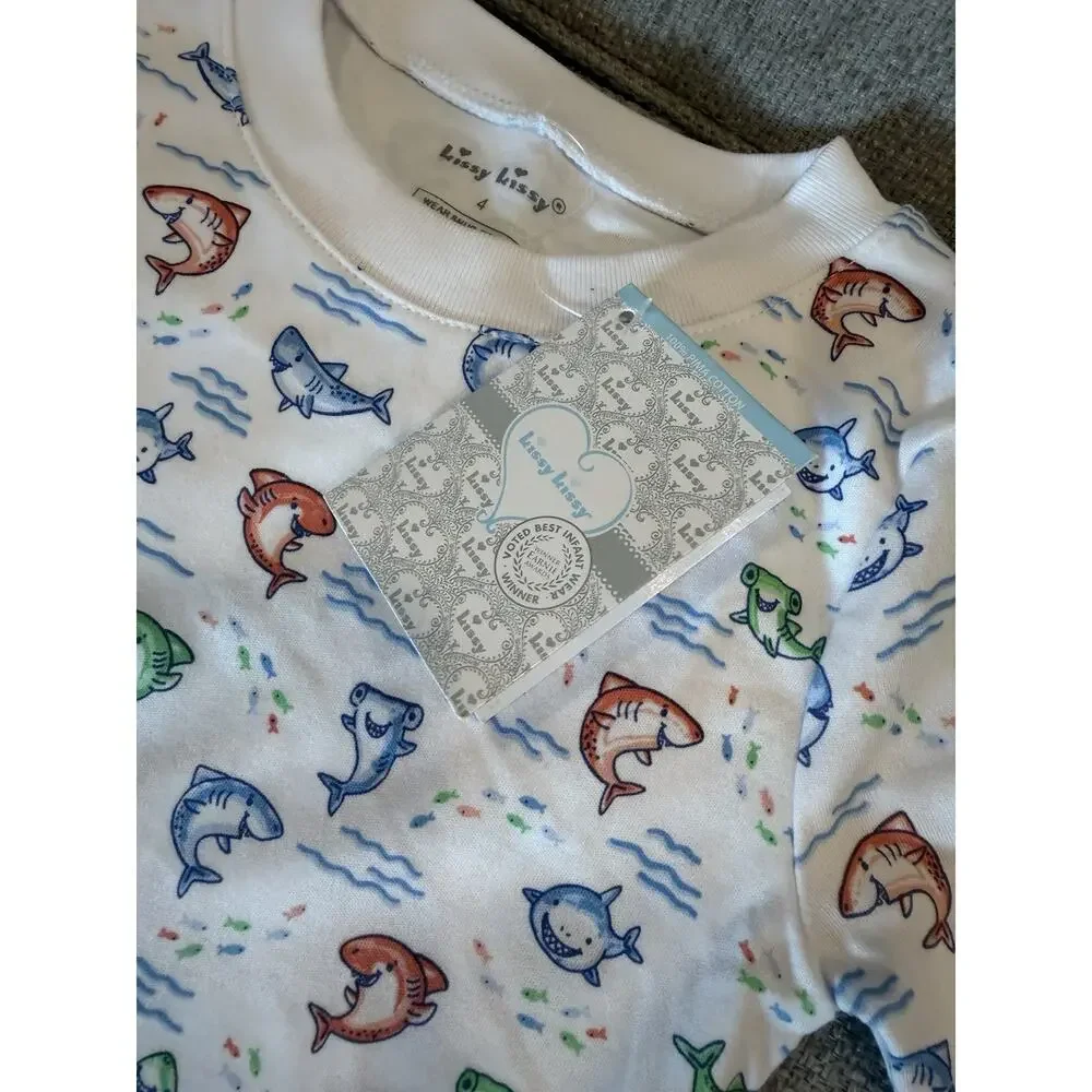 Kissy Kissy pima Cotton 2 Piece Shark Shorts Baby Boy PJ Set Sz 4 NWT